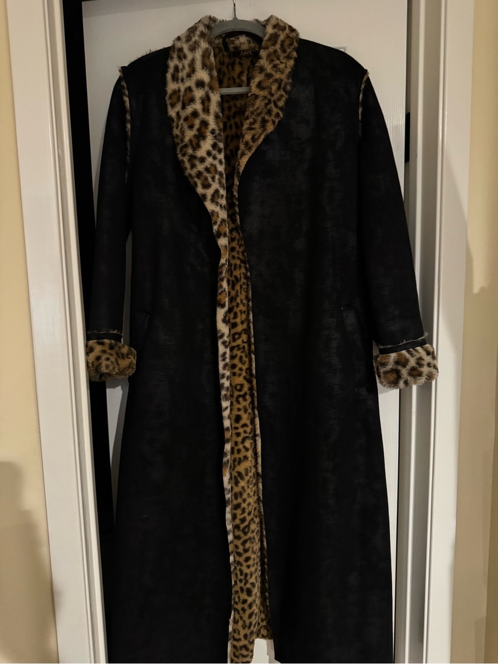 L&B Black Trench Coat with Leopard Faux-Fur Trim (faux black suede). So cute!